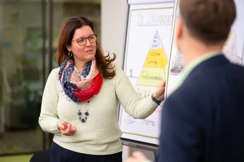 Veronika, Frau mit dunklen Haaren, Schaal und Kette, erklärt am Flipchart