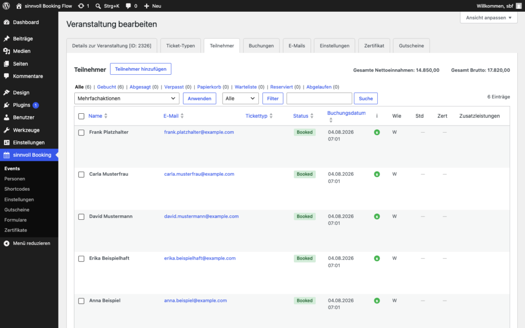 Teilnehmerliste eines Seminars in sinnvoll Booking Flow mit Zusatzleistungen, Stunden und Zertifikat-Spalten