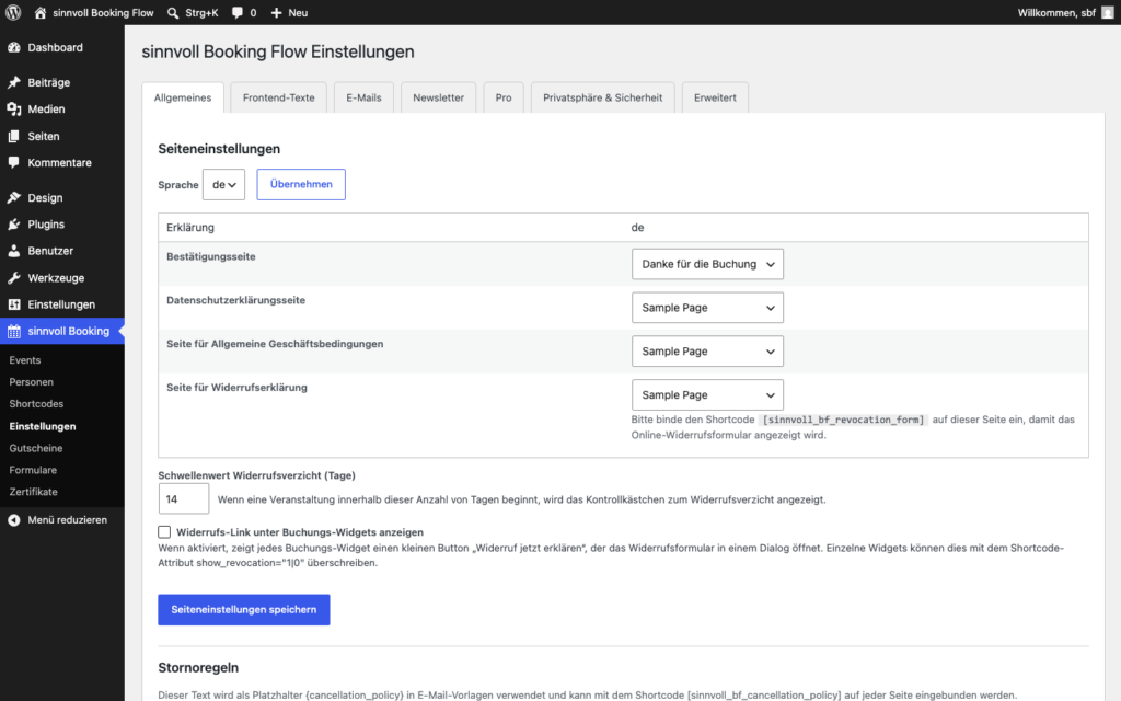 Allgemeine Einstellungen: Seiten, Widerruf, Stornobedingungen, Preise
