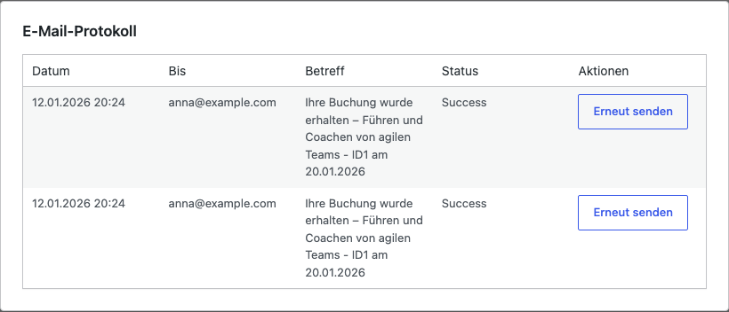 E-Mail-Protokoll einer Buchung – jede Mail mit Zeitpunkt, Status und Erneut-senden