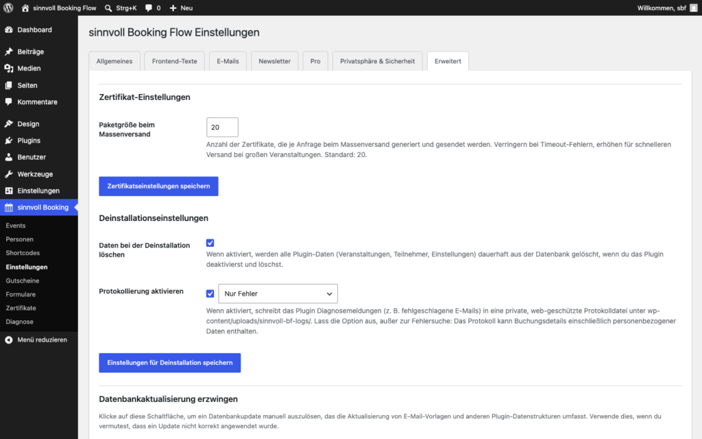 Erweitert-Tab: Protokollierung einschalten und Log lesen